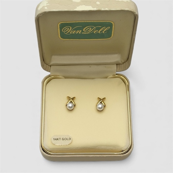 Van Dell 14K Gold Japanese Akoya Pearl Stud Earrings Vintage Mid Century NIB - Picture 2 of 14